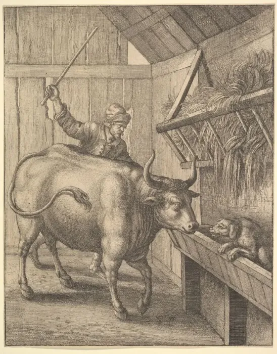 Framed Print : The dog in the manger from illustration to John Ogilbys AEsopic s Framed Print : The dog in the manger from illustration to John Ogilbys AEsopic s