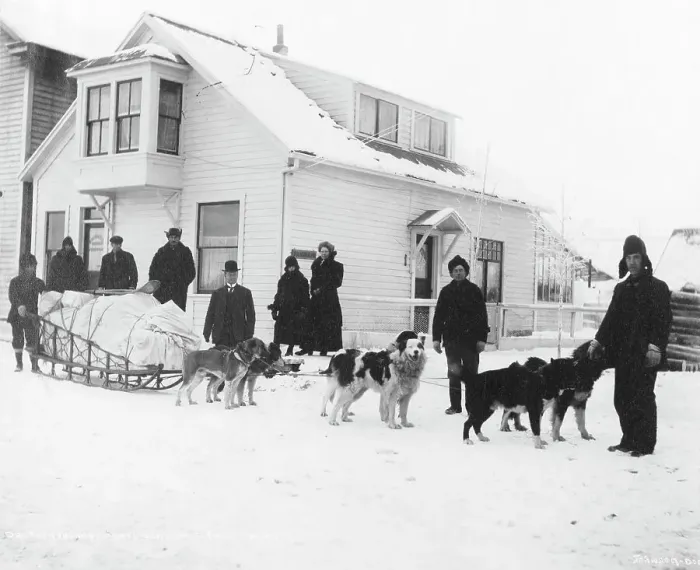Framed Print : Dog team and Dr. Sutherland's party ready to leave Fairbanks for Kantishna, between c1900 and 1927. Creator: Unknown Framed Print : Dog team and Dr. Sutherland's party ready to leave Fairbanks for Kantishna, between c1900 and 1927. Creator: Unknown