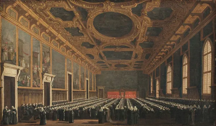 Framed Print : The Doge and Grand Council in Sala del Maggior Consiglio, 1761-1765. Creator: Canaletto Framed Print : The Doge and Grand Council in Sala del Maggior Consiglio, 1761-1765. Creator: Canaletto