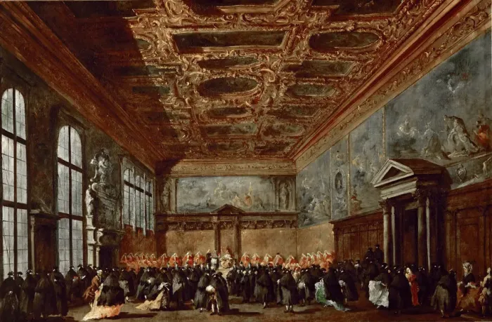 Framed Print : The Doge of Venice Giving Audience in the Sala del Collegio in the Doge?s Palace. Artist: Guardi, Francesco (1712-1793) Framed Print : The Doge of Venice Giving Audience in the Sala del Collegio in the Doge?s Palace. Artist: Guardi, Francesco (1712-1793)