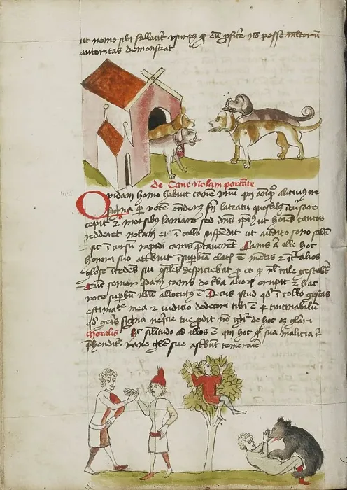 Framed Print : Four Dogs before a Doghouse: Two Men Making an Agreement; Fables, third quarter of 15th century. Creator: Unknown Framed Print : Four Dogs before a Doghouse: Two Men Making an Agreement; Fables, third quarter of 15th century. Creator: Unknown