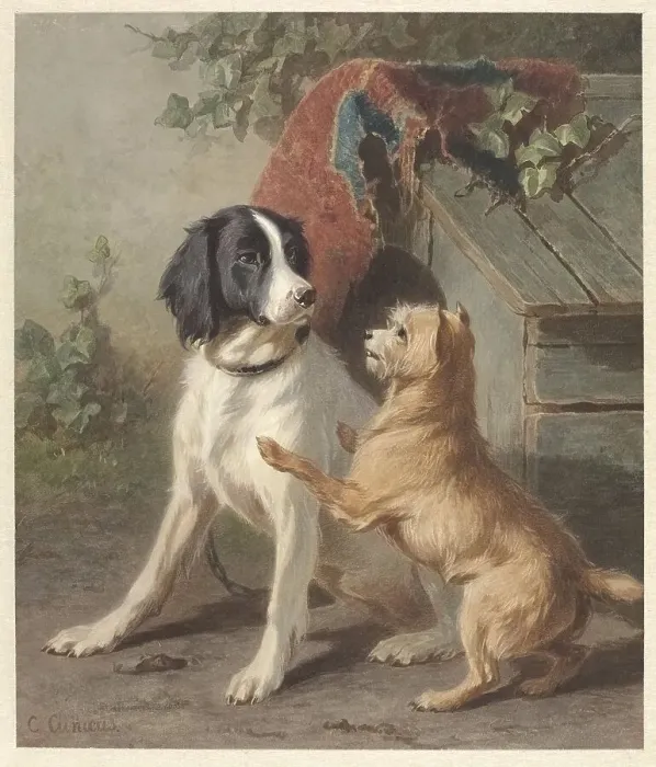 Framed Print : Two dogs by a kennel, 1838-1895. Creator: Conradyn Cunaeus Framed Print : Two dogs by a kennel, 1838-1895. Creator: Conradyn Cunaeus