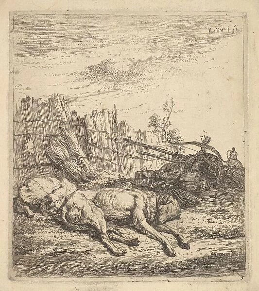 Two dogs sleeping on the ground; a plough, farm equipment, bunches of straw, and a