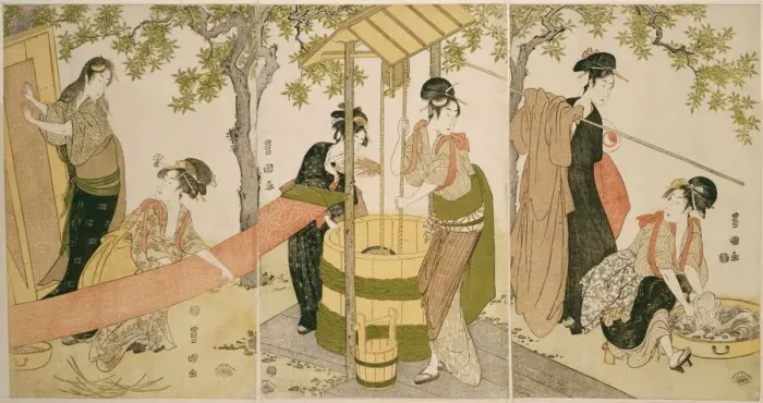 Framed Print : Doing the Laundry by the Well Curb (Idobata no sentaku to araihari), c. 1795 Framed Print : Doing the Laundry by the Well Curb (Idobata no sentaku to araihari), c. 1795
