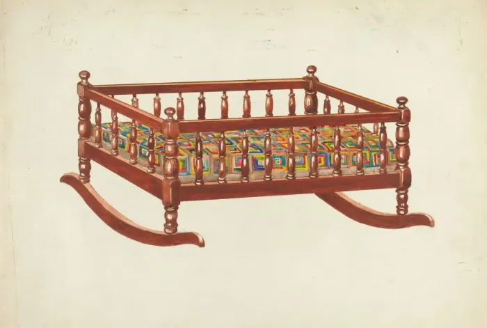 Framed Print : Dolls Cradle and Quilt, c. 1953. Creator: Margaret Linsley Framed Print : Dolls Cradle and Quilt, c. 1953. Creator: Margaret Linsley