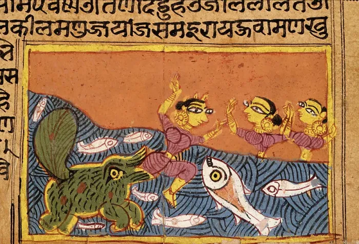 Framed Print : A Dolphin (Shishumara) Attacks a Woman, Folio from a Yashodhara Charita (Life of Yashodhara), 1454. Creator: Unknown Framed Print : A Dolphin (Shishumara) Attacks a Woman, Folio from a Yashodhara Charita (Life of Yashodhara), 1454. Creator: Unknown
