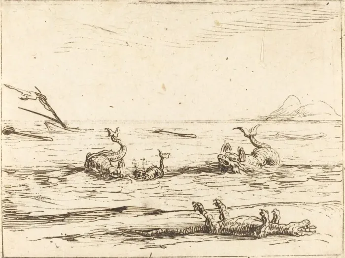 Framed Print : Dolphins and Crocodile. Creator: Jacques Callot Framed Print : Dolphins and Crocodile. Creator: Jacques Callot