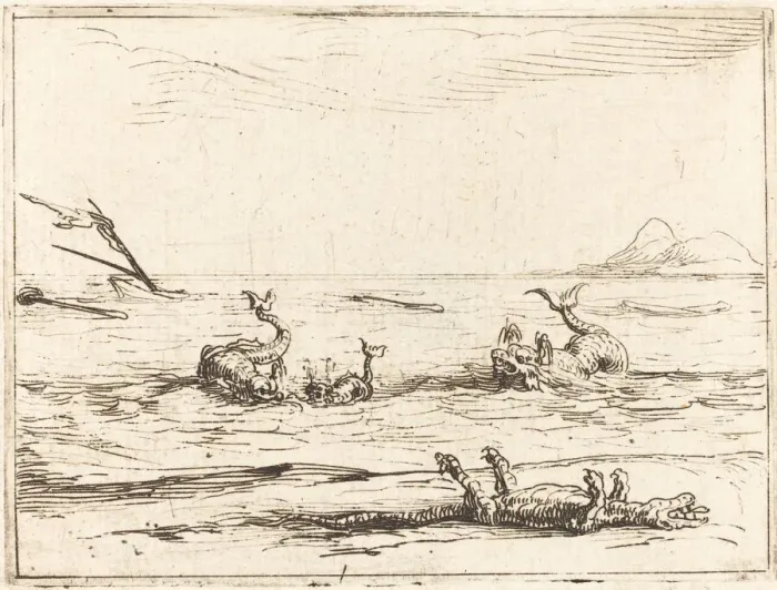Framed Print : Dolphins and Crocodile. Creator: Jacques Callot Framed Print : Dolphins and Crocodile. Creator: Jacques Callot