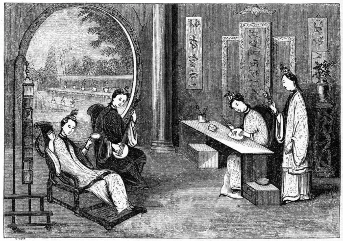 Framed Print : Domestic scene, ladies at their usual employments, 1847. Artist: Evans Framed Print : Domestic scene, ladies at their usual employments, 1847. Artist: Evans