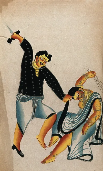 Framed Print : Domestic violence: a husband holding his wife by the hair about to strike her with a shoe... Creator: Unknown Framed Print : Domestic violence: a husband holding his wife by the hair about to strike her with a shoe... Creator: Unknown