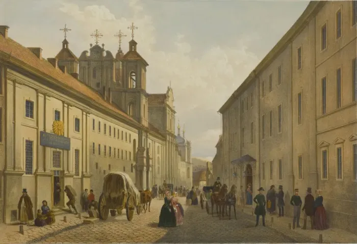 Framed Print : Dominikonu street and Institute for Nobles in Vilnius, c1850 Framed Print : Dominikonu street and Institute for Nobles in Vilnius, c1850