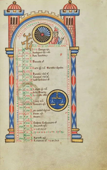 Framed Print : Domitian (?); Zodiacal Sign of Libra; Stammheim Missal, probably 1170s. Creator: Unknown Framed Print : Domitian (?); Zodiacal Sign of Libra; Stammheim Missal, probably 1170s. Creator: Unknown