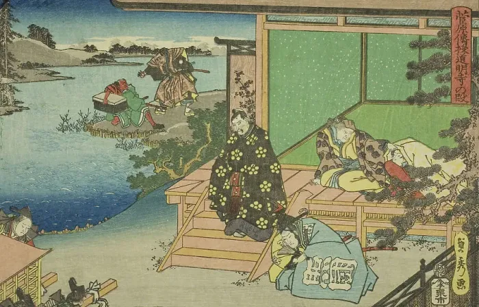 Framed Print : The Domyoji Scene (Domyoji no dan), from the series Sugawara's Secrets (Sugawara denju), c.1830 / 44 Creator: Sadahide Utagawa. The Domyoji Scene (Domyoji no dan), from the series Sugawara's Secrets (Sugawara denju)