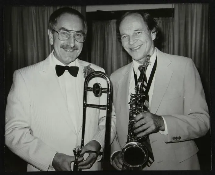 Framed Print : Don Lusher and John Dankworth, London, 1985. Artist: Denis Williams Framed Print : Don Lusher and John Dankworth, London, 1985. Artist: Denis Williams