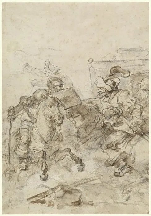 Framed Print : Don Quixote Attacking the Biscayan, 1780s. Creator: Jean-Honore Fragonard Framed Print : Don Quixote Attacking the Biscayan, 1780s. Creator: Jean-Honore Fragonard