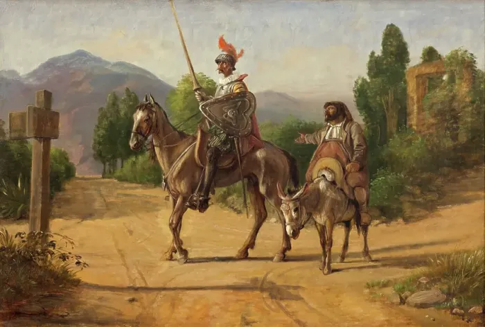 Framed Print : Don Quixote and Sancho Panza at a crossroad, n.d. (after 1847). Creator: Wilhelm Marstrand Framed Print : Don Quixote and Sancho Panza at a crossroad, n.d. (after 1847). Creator: Wilhelm Marstrand