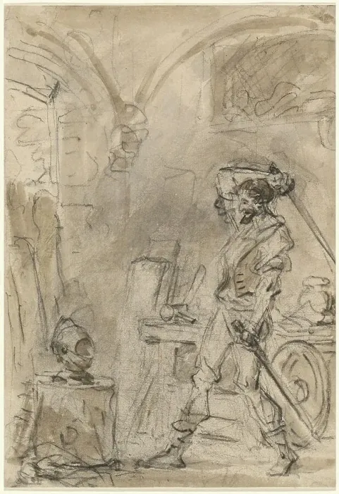 Framed Print : Don Quixote about to Strike the Helmet, 1780s. Creator: Jean-Honore Fragonard Framed Print : Don Quixote about to Strike the Helmet, 1780s. Creator: Jean-Honore Fragonard