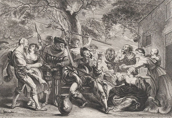 Don Quixote and troops of La Santa Hermandad outside a tavern, ca. 1635-79