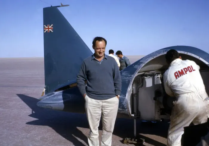 Framed Print : Donald Campbell in front of Bluebird CN7, Lake Eyre, Australia, 1964. Creator: Unknown Framed Print : Donald Campbell in front of Bluebird CN7, Lake Eyre, Australia, 1964. Creator: Unknown
