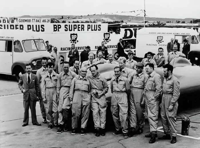Framed Print : Donald Campbell and the Bluebird team, Goodwood, 22nd July 1960 Framed Print : Donald Campbell and the Bluebird team, Goodwood, 22nd July 1960