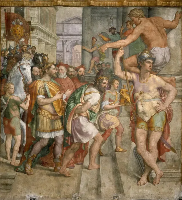 Framed Print : The Donation of Pepin the Short to Pope Stephen II, c. 1565. Creator: Siciolante da Sermoneta, Girolamo (1521-c. 1580) Framed Print : The Donation of Pepin the Short to Pope Stephen II, c. 1565. Creator: Siciolante da Sermoneta, Girolamo (1521-c. 1580)