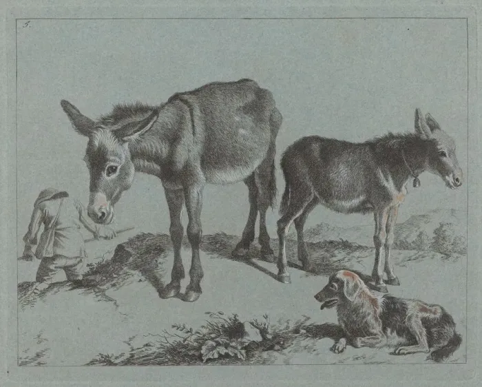 Framed Print : Donkey with her Foal, a Dog, and a Peasant Man, 1762 / 1763. Creator: Francesco Londonio Framed Print : Donkey with her Foal, a Dog, and a Peasant Man, 1762 / 1763. Creator: Francesco Londonio