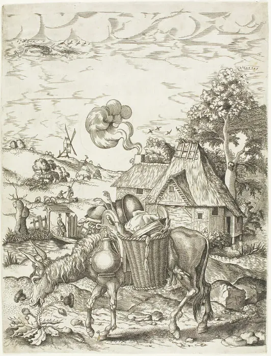 Framed Print : The Donkey Laden with Food, from Emblematic Figures of Animals, 1633. Creator: Adriaen van de Venne Framed Print : The Donkey Laden with Food, from Emblematic Figures of Animals, 1633. Creator: Adriaen van de Venne