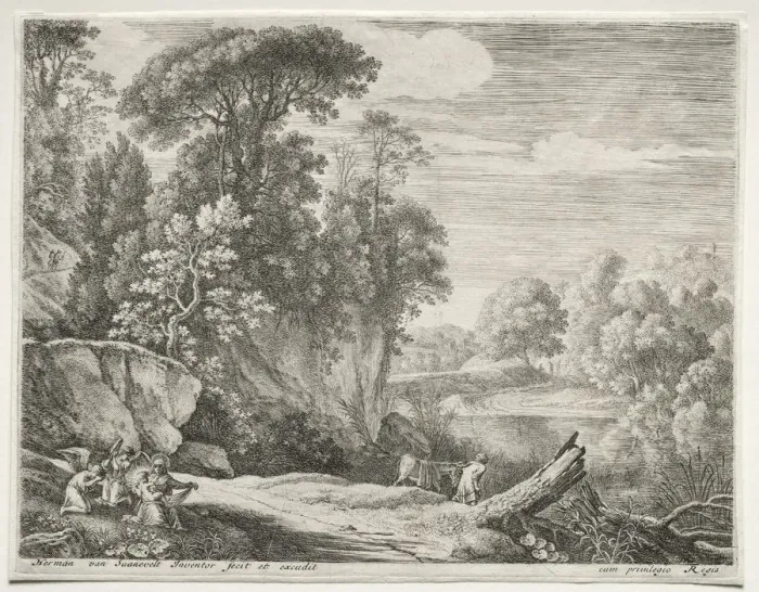 Framed Print : The Donkey Led to the River, c. 1652-1654. Creator: Herman van Swanevelt (Dutch, c Framed Print : The Donkey Led to the River, c. 1652-1654. Creator: Herman van Swanevelt (Dutch, c