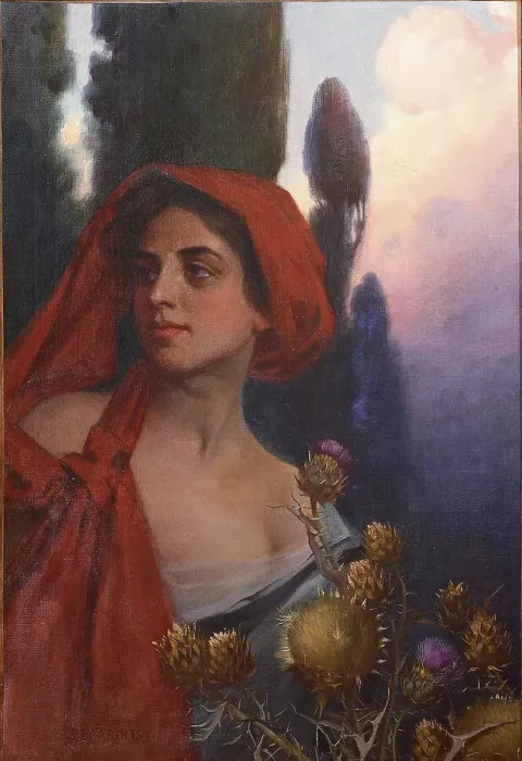 Framed Print : Donna con foulard rosso (Woman with red scarf), 1902. Creator: De Carolis, Adolfo (1874-1928) Framed Print : Donna con foulard rosso (Woman with red scarf), 1902. Creator: De Carolis, Adolfo (1874-1928)