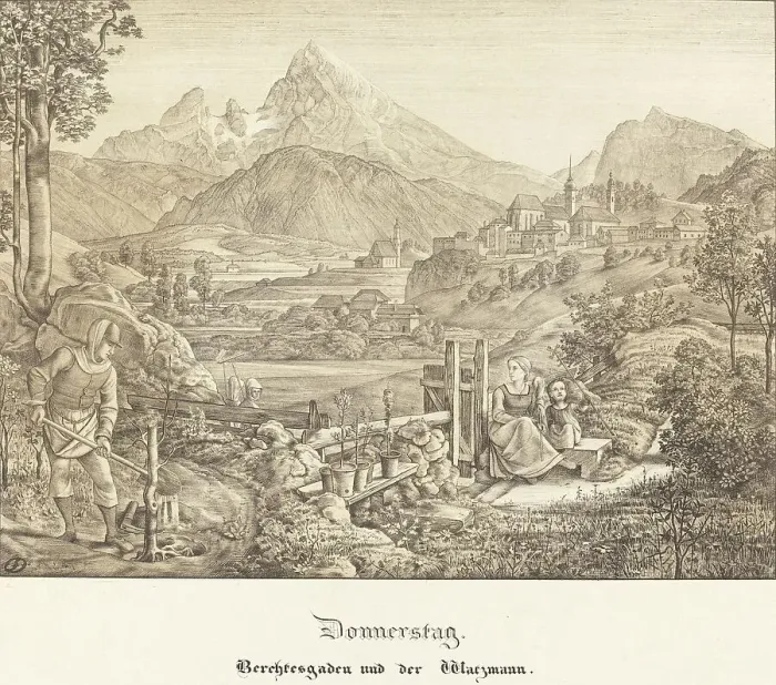 Framed Print : Donnerstag - Berchtesgaden und der Watzmann (Thursday - Berchtesgaden and the...), 1823. Creator: Ferdinand Olivier Framed Print : Donnerstag - Berchtesgaden und der Watzmann (Thursday - Berchtesgaden and the...), 1823. Creator: Ferdinand Olivier