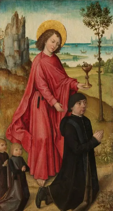 Framed Print : A Donor and his two Sons with Saint John the Evangelist, inner left wing of a triptych, c.1480-c.148 Creator: Master of the Saint Ursula Legend