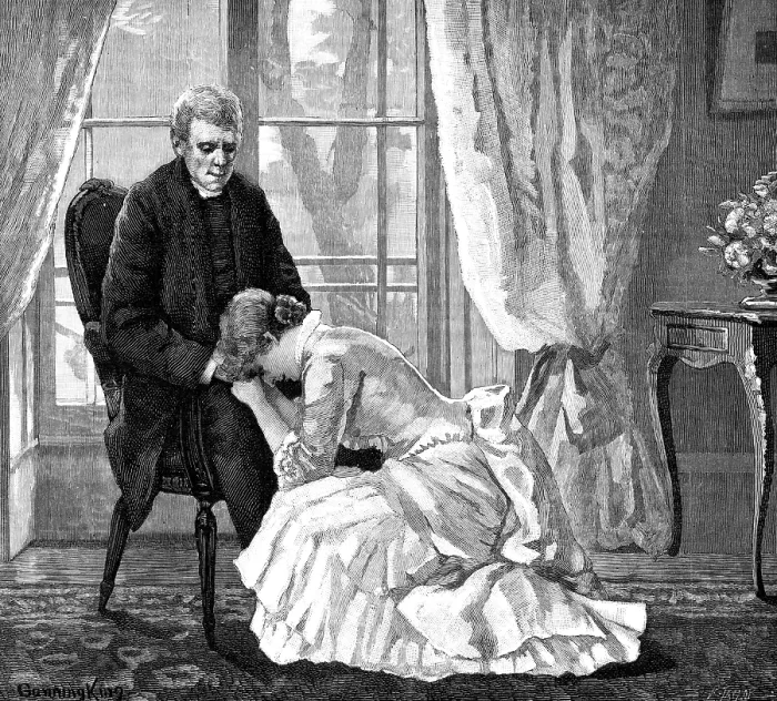 Framed Print : 'Don't speak to me like that, guardian, I am not worthy of it, ' cried the unhappy Sophy... 1883. Creator: R