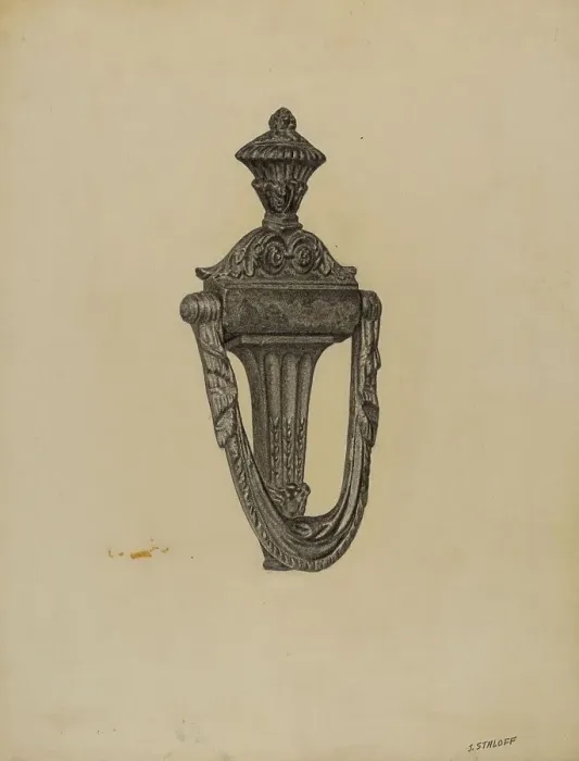 Framed Print : Door Knocker, c. 1938. Creator: Jack Staloff Framed Print : Door Knocker, c. 1938. Creator: Jack Staloff