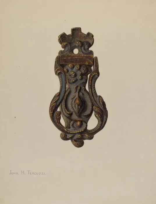 Framed Print : Door Knocker, c. 1940. Creator: John H. Tercuzzi Framed Print : Door Knocker, c. 1940. Creator: John H. Tercuzzi