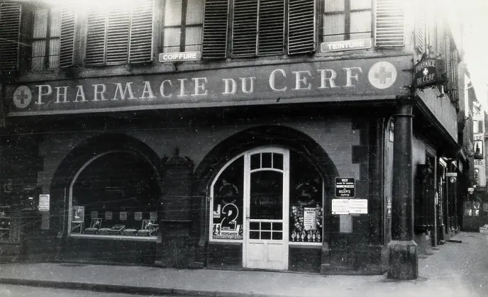 Framed Print : The front door of the Pharmacie du Cerf on the corner of the street, Strasbourg, c1900s.. Creator: Unknown Framed Print : The front door of the Pharmacie du Cerf on the corner of the street, Strasbourg, c1900s.. Creator: Unknown