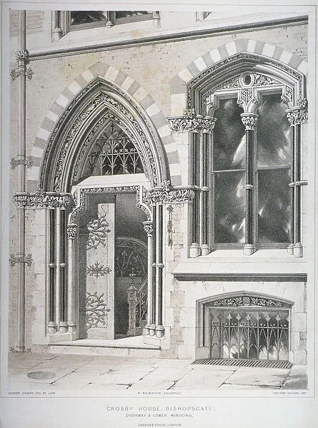 The doorway and lower windows of Crosby Hall at no 95 Bishopsgate, City of London, 1860