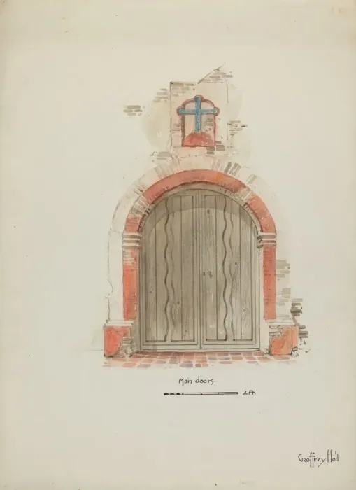 Framed Print : Doorway, Main Entrance to Mission, c. 1937. Creator: Geoffrey Holt Framed Print : Doorway, Main Entrance to Mission, c. 1937. Creator: Geoffrey Holt