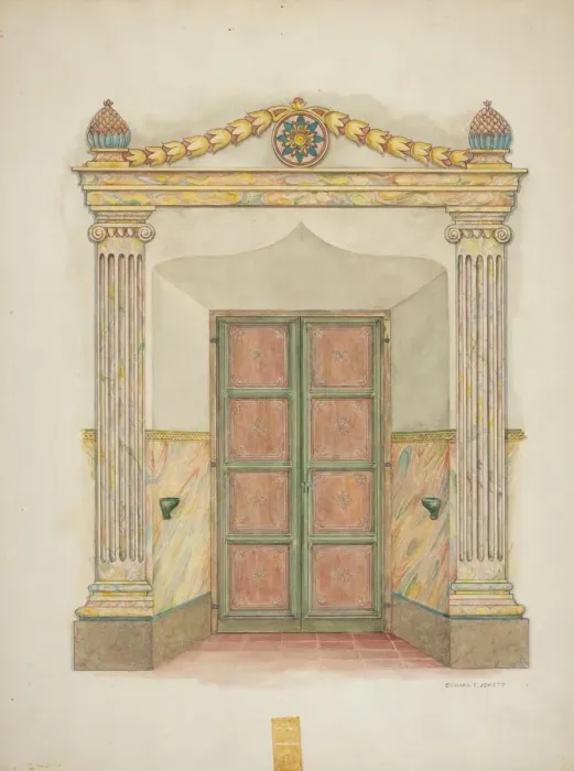Framed Print : Doorway, Wall Painting and Doors, c. 1939. Creator: Edward Jewett Framed Print : Doorway, Wall Painting and Doors, c. 1939. Creator: Edward Jewett