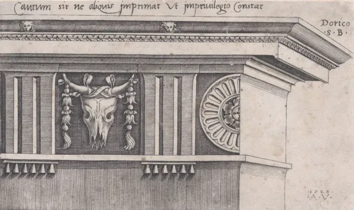 Framed Print : Doric Entablature, dated 1528. Creator: Agostino Veneziano Framed Print : Doric Entablature, dated 1528. Creator: Agostino Veneziano