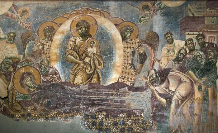 Framed Print : The Dormition of the Virgin, 12th century. Creator: Byzantine Master () Framed Print : The Dormition of the Virgin, 12th century. Creator: Byzantine Master ()