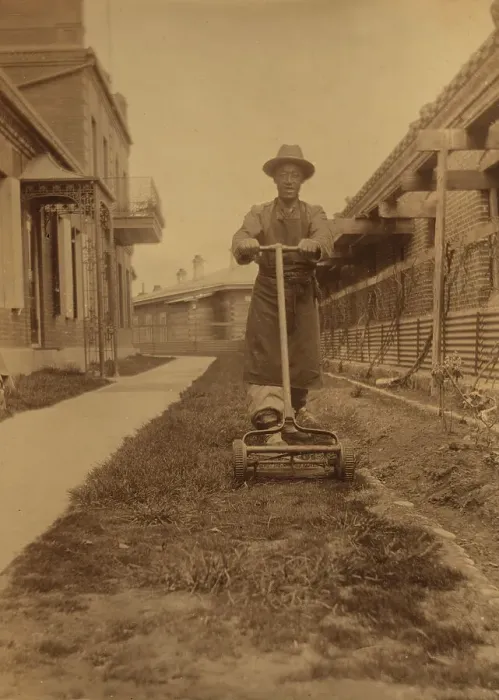 Framed Print : Dou Kee, Chinese servant, mowing the lawn, Dom Smith, Vladivostok, Russia, 1899. Creator: Eleanor Lord Pray Framed Print : Dou Kee, Chinese servant, mowing the lawn, Dom Smith, Vladivostok, Russia, 1899. Creator: Eleanor Lord Pray