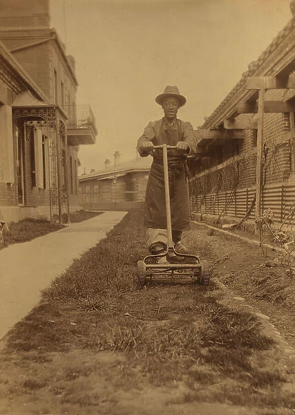 Dou Kee, Chinese servant, mowing the lawn, Dom Smith, Vladivostok, Russia, 1899. Creator: Eleanor Lord Pray