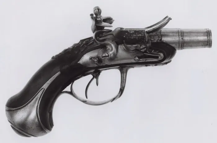 Framed Print : Double-Barrel Pocket Flintlock Breech-Loading Pistol, France, c. 1740 / 50 Framed Print : Double-Barrel Pocket Flintlock Breech-Loading Pistol, France, c. 1740 / 50