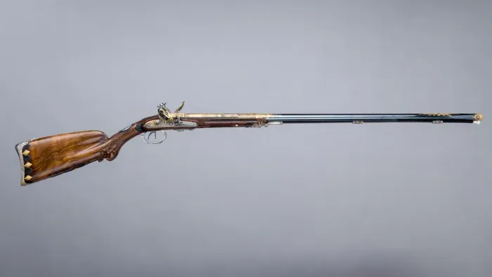 Framed Print : Double-Barreled Flintlock Shotgun, French, Versailles, dated 1801 Framed Print : Double-Barreled Flintlock Shotgun, French, Versailles, dated 1801