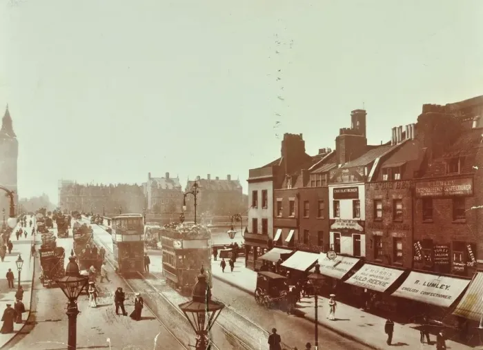 Framed Print : Double-decker electric trams on Westminster Bridge, London, 1906 Framed Print : Double-decker electric trams on Westminster Bridge, London, 1906