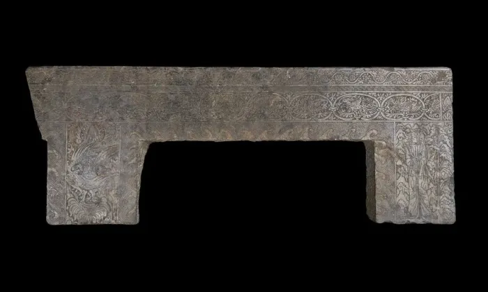 Framed Print : Double lintel: decorated with floral and other designs... Period of Division, 386-535 Framed Print : Double lintel: decorated with floral and other designs... Period of Division, 386-535