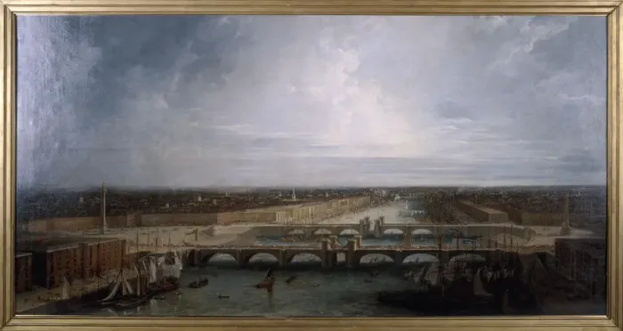 Framed Print : Double London Bridge proposed for London, 1800. Artist: George Dance Framed Print : Double London Bridge proposed for London, 1800. Artist: George Dance