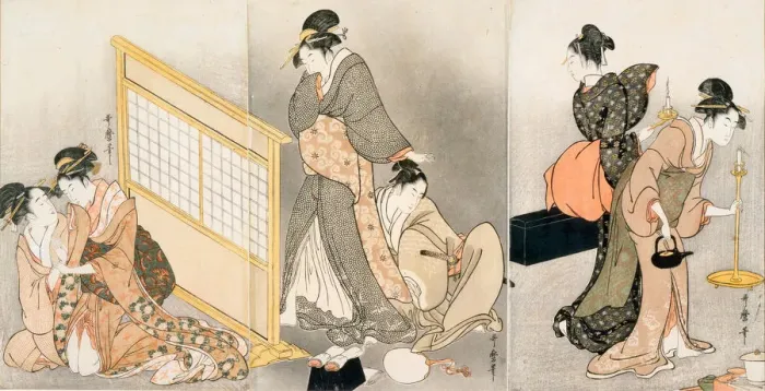 Framed Print : Double pillow. Triptych, ca 1794. Artist: Utamaro, Kitagawa (1753-1806) Framed Print : Double pillow. Triptych, ca 1794. Artist: Utamaro, Kitagawa (1753-1806)