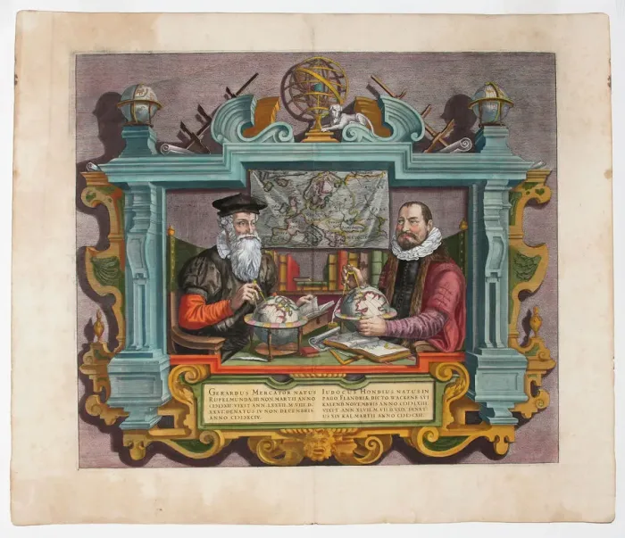 Framed Print : Double Portrait of Gerardus Mercator (1512-1594) and Jodocus Hondius (1563-1612). Artist: Hondius (Keer van der), Coletta (active Early 17th cen. ) Framed Print : Double Portrait of Gerardus Mercator (1512-1594) and Jodocus Hondius (1563-1612). Artist: Hondius (Keer van der), Coletta (active Early 17th cen. )