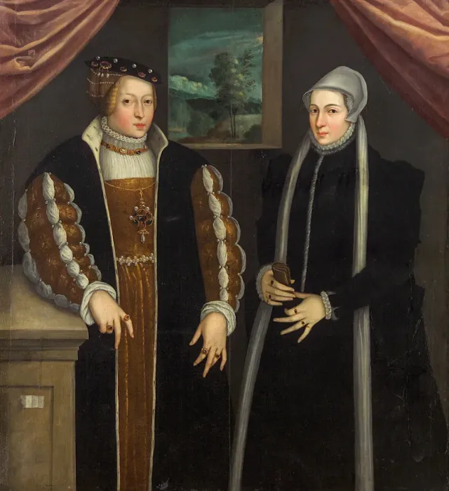 Framed Print : Double-portrait (Marie of Brandenburg-Kulmbach and Christina of Denmark?), c. 1580. Artist: Anonymous Framed Print : Double-portrait (Marie of Brandenburg-Kulmbach and Christina of Denmark?), c. 1580. Artist: Anonymous
